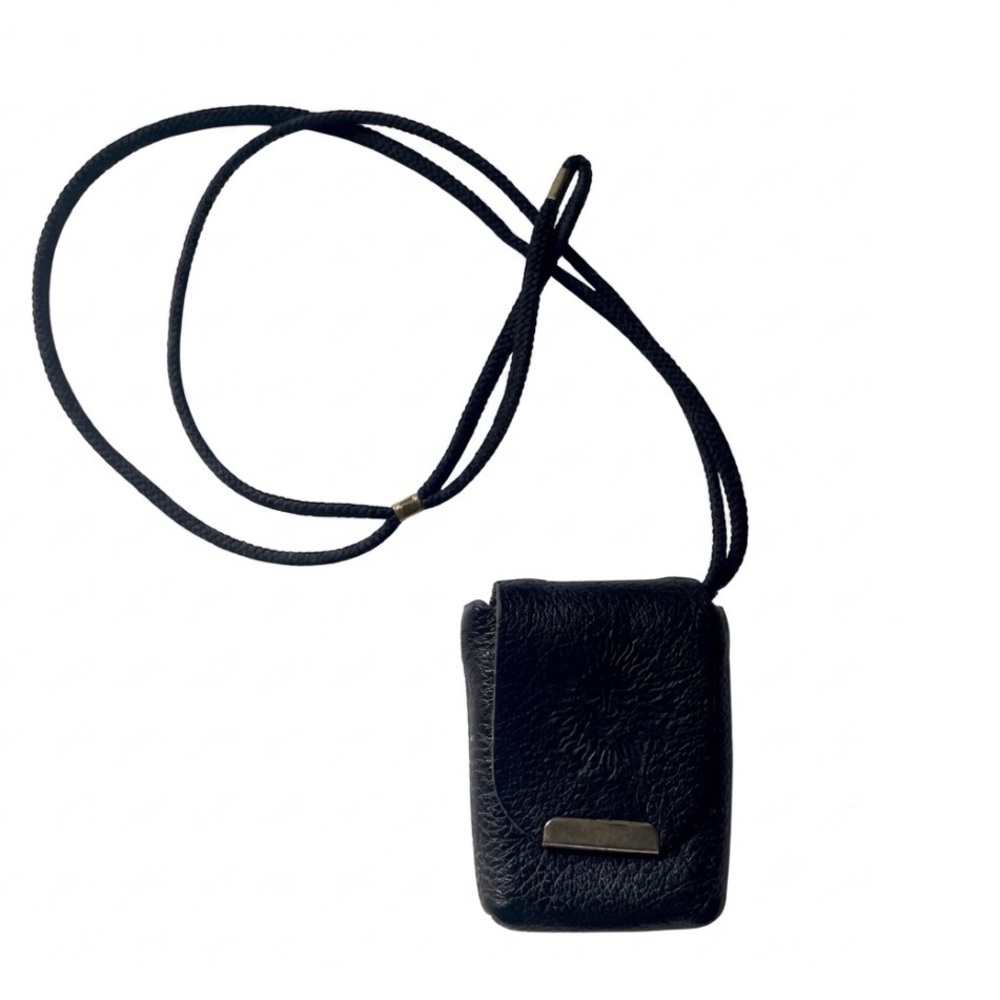 Vintage MICRO Black Leather Amulet Case SunFace Embossed Pouch Crossbody Bag 90s